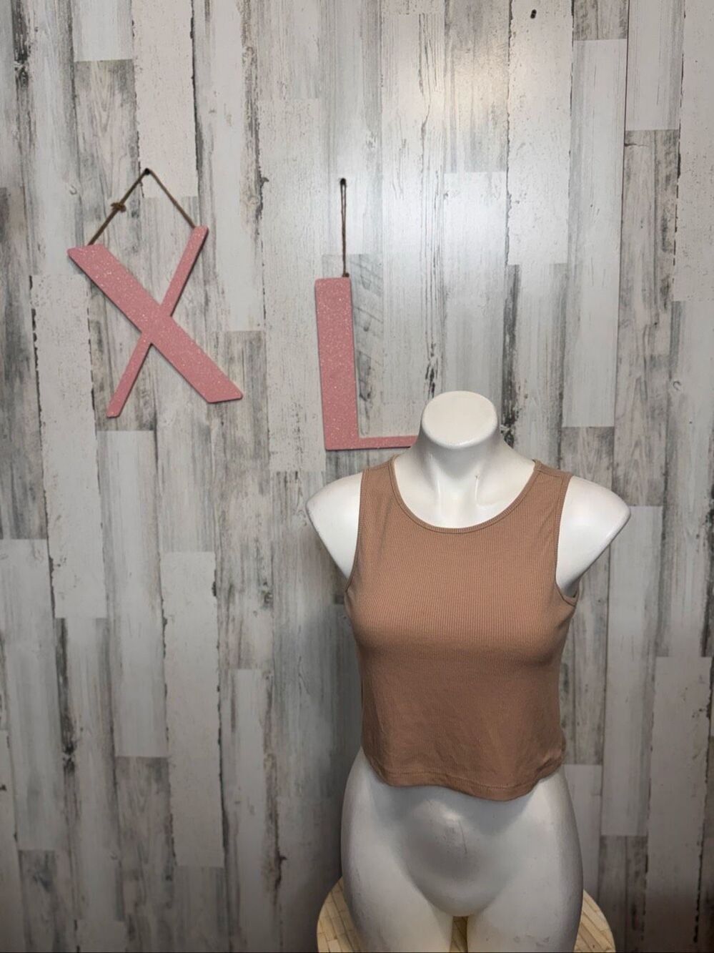 Tan Brown Ribbed Sleeveless High Neck Crop Tank Top Womens XL Everyday Basic
